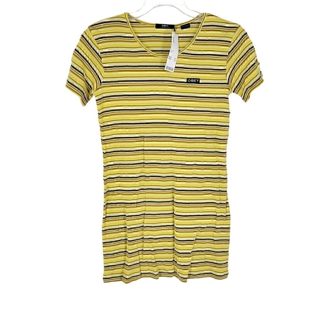 Obey Women Casual Dress XS Yellow striped short sleeve urban outfitters